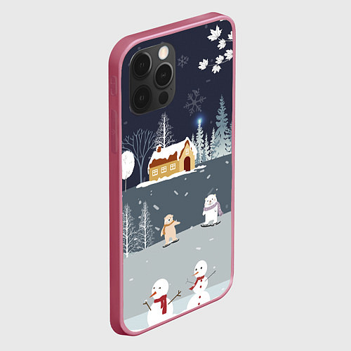 Чехол iPhone 12 Pro Снеговики и Мишки 2022 / 3D-Малиновый – фото 2