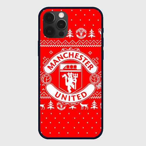 Чехол iPhone 12 Pro FC Manchester United: Новогодний узор / 3D-Черный – фото 1