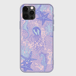 Чехол для iPhone 12 Pro Морские коньки и медузы, цвет: 3D-светло-сиреневый