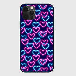 Чехол для iPhone 12 Pro Неоновые сердца, паттерн, цвет: 3D-черный