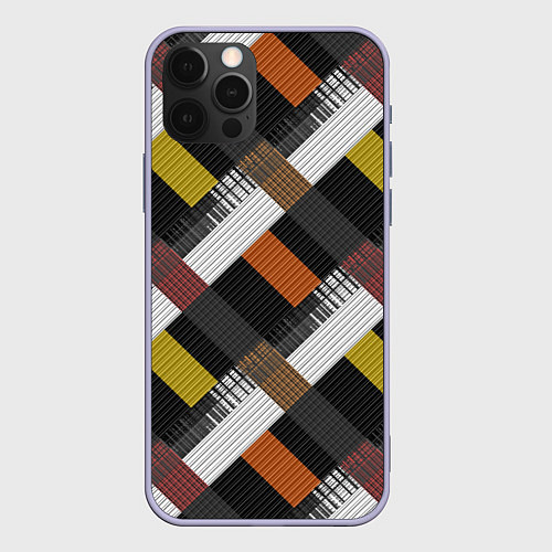 Чехол iPhone 12 Pro Коричнево-горчичный с серым полосатый пэчворк / 3D-Светло-сиреневый – фото 1