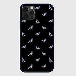 Чехол для iPhone 12 Pro Голуби на черном паттерн, цвет: 3D-черный