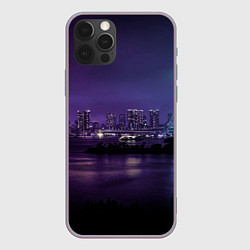 Чехол для iPhone 12 Pro Неоновый город с рекой - Фиолетовый, цвет: 3D-серый