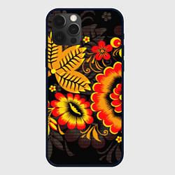 Чехол для iPhone 12 Pro Хохломская Роспись Цветы На Тёмном Фоне, цвет: 3D-черный
