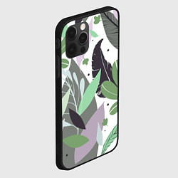 Чехол для iPhone 12 Pro Зелёные, серые, голубые, сиреневые листья на белом, цвет: 3D-черный — фото 2