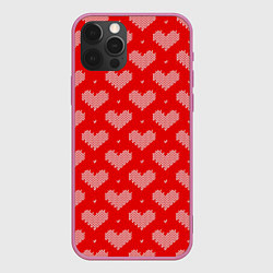Чехол для iPhone 12 Pro Вязаные Сердечки, цвет: 3D-малиновый