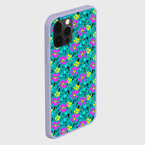 Чехол iPhone 12 Pro Яркий цветочный узор на бирюзовом фоне / 3D-Светло-сиреневый – фото 2
