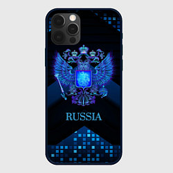 Чехол для iPhone 12 Pro Синий неоновый герб России, цвет: 3D-черный