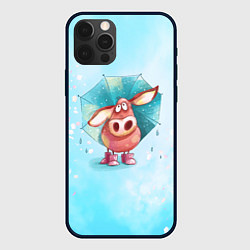 Чехол для iPhone 12 Pro Свинка под зонтиком в дождь, цвет: 3D-черный