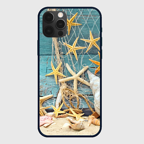 Чехол iPhone 12 Pro Натюрморт из сети, морских звёзд и ракушек - лето / 3D-Черный – фото 1