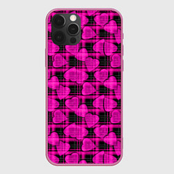 Чехол для iPhone 12 Pro Black and pink hearts pattern on checkered, цвет: 3D-малиновый