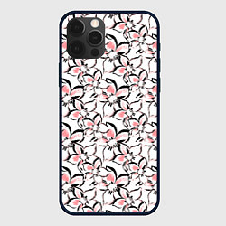 Чехол iPhone 12 Pro Бело-розовые цветы с черной обводкой