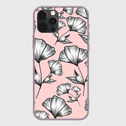 Чехол для iPhone 12 Pro Графичные цветы на пудровом фоне, цвет: 3D-серый