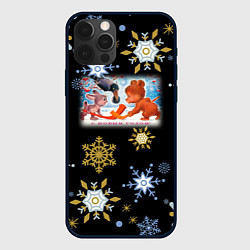 Чехол для iPhone 12 Pro Новый год мишка и зайчик играют в хоккей, цвет: 3D-черный