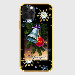 Чехол для iPhone 12 Pro Новый год ёлочный шар и колокольчик, цвет: 3D-желтый