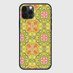 Чехол для iPhone 12 Pro Зеленые узоры и оранжевые цветы, цвет: 3D-черный