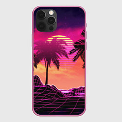 Чехол для iPhone 12 Pro Пальмы и пляж в розовом закате ретро дизайн, цвет: 3D-малиновый