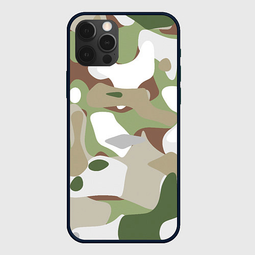 Чехол iPhone 12 Pro Камуфляж зимний лес крупный / 3D-Черный – фото 1