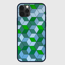 Чехол для iPhone 12 Pro Зелёные и серые абстрактные кубы с оптической иллю, цвет: 3D-черный