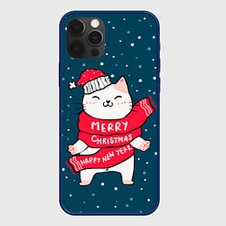 Чехол для iPhone 12 Pro Новогодний котик в колпачке, цвет: 3D-тёмно-синий