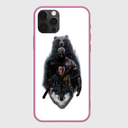 Чехол для iPhone 12 Pro Кратос медведь и Атрей волк GoW Ragnarok, цвет: 3D-малиновый