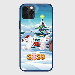 Чехол для iPhone 12 Pro 2023 - зайчики с подарком, цвет: 3D-тёмно-синий