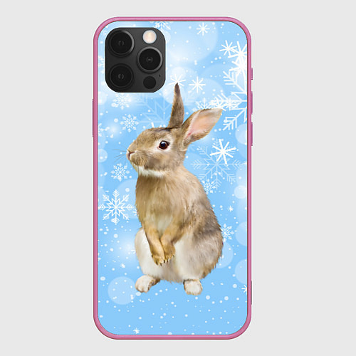 Чехол iPhone 12 Pro Кролик и снежинки / 3D-Малиновый – фото 1