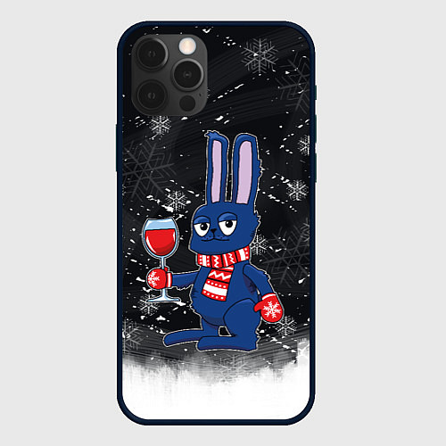 Чехол iPhone 12 Pro Новогодний кролик с бокалом / 3D-Черный – фото 1
