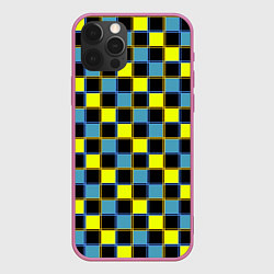 Чехол для iPhone 12 Pro Желто-синий клетчатый яркий неоновый узор, цвет: 3D-малиновый