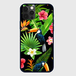 Чехол для iPhone 12 Pro Тропический паттерн с туканом, цвет: 3D-черный