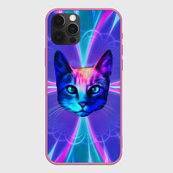 Чехол для iPhone 12 Pro Яркий неоновый портрет кота, цвет: 3D-малиновый