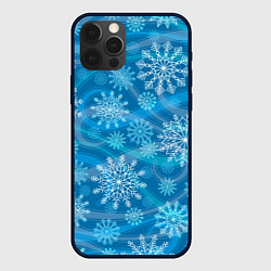 Чехол для iPhone 12 Pro Узор из снежинок на синем фоне, цвет: 3D-черный