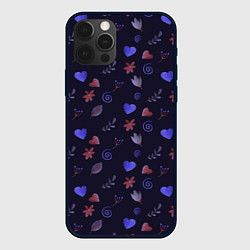 Чехол для iPhone 12 Pro Паттерн с сердечками и цветами, цвет: 3D-черный