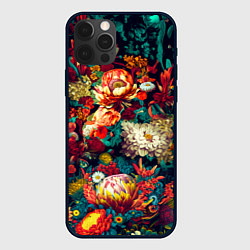 Чехол для iPhone 12 Pro Цветочный паттерн с цветами и листьями, цвет: 3D-черный