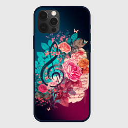 Чехол для iPhone 12 Pro Цветы и музыкальная нота, цвет: 3D-черный
