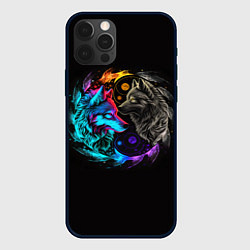 Чехол для iPhone 12 Pro Инь-янь волки неон, цвет: 3D-черный