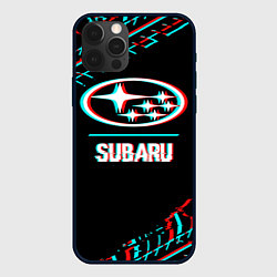 Чехол для iPhone 12 Pro Значок Subaru в стиле glitch на темном фоне, цвет: 3D-черный