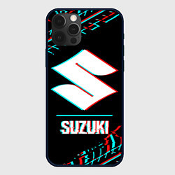 Чехол для iPhone 12 Pro Значок Suzuki в стиле glitch на темном фоне, цвет: 3D-черный