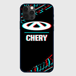 Чехол iPhone 12 Pro Значок Chery в стиле glitch на темном фоне