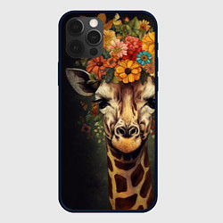 Чехол для iPhone 12 Pro Портрет жирафа с цветами: арт нейросети, цвет: 3D-черный