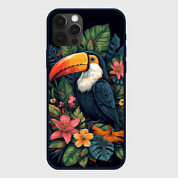 Чехол iPhone 12 Pro Тукан на фоне тропических листьев: арт нейросети