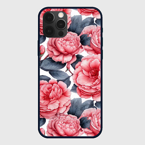 Чехол iPhone 12 Pro Цветы и бутоны розы - паттерн / 3D-Черный – фото 1