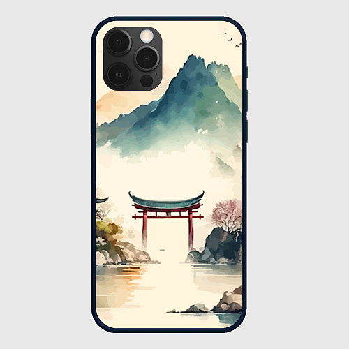 Чехол iPhone 12 Pro Японский пейзаж - акварель / 3D-Черный – фото 1