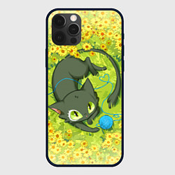 Чехол для iPhone 12 Pro Судзумэ закрывающая двери: котик с клубком, цвет: 3D-черный