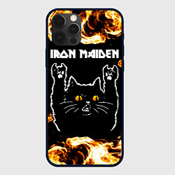 Чехол для iPhone 12 Pro Iron Maiden рок кот и огонь, цвет: 3D-черный