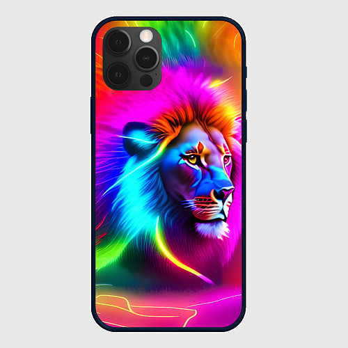 Чехол iPhone 12 Pro Неоновый лев в цветовой абстракции / 3D-Черный – фото 1