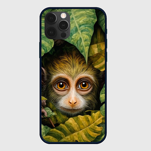 Чехол iPhone 12 Pro Маленькая обезьянка в листьях / 3D-Черный – фото 1