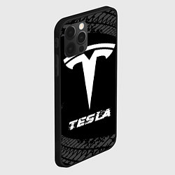 Чехол для iPhone 12 Pro Tesla speed на темном фоне со следами шин, цвет: 3D-черный — фото 2