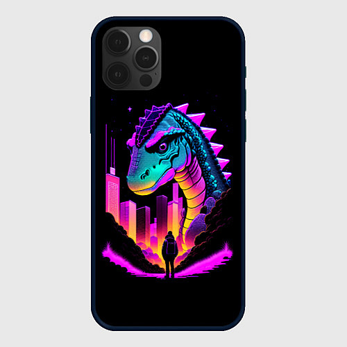 Чехол iPhone 12 Pro Динозавр в мегаполисе - неоновое свечение / 3D-Черный – фото 1