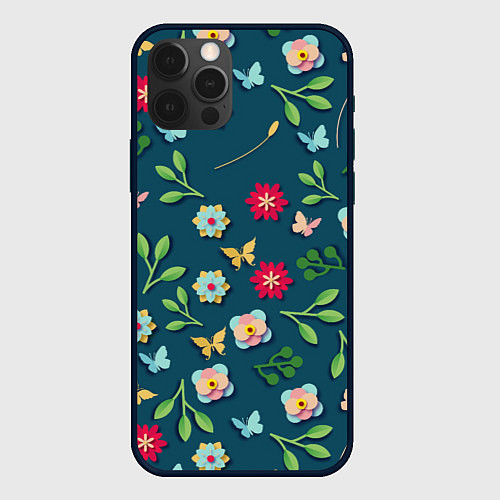Чехол iPhone 12 Pro Цветы и разноцветные бабочки / 3D-Черный – фото 1
